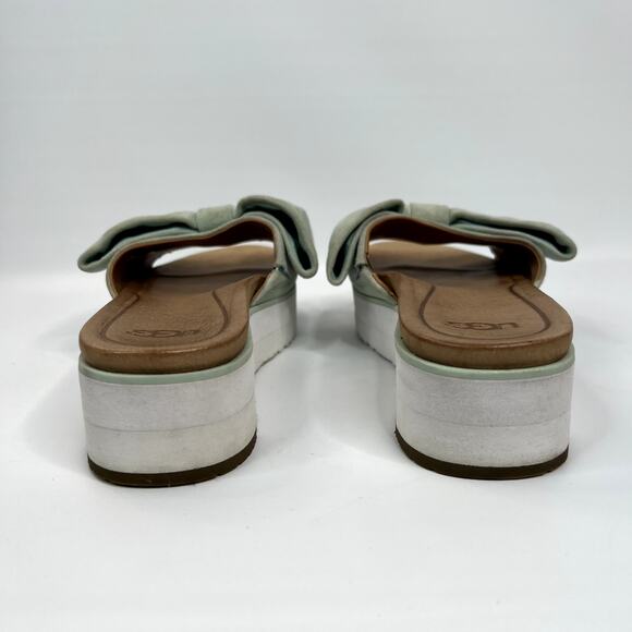 Ugg Joan Platform Slide Sandal Size 7 Aqua Blue Suede Bow Open Toe Comfort - Picture 4 of 10